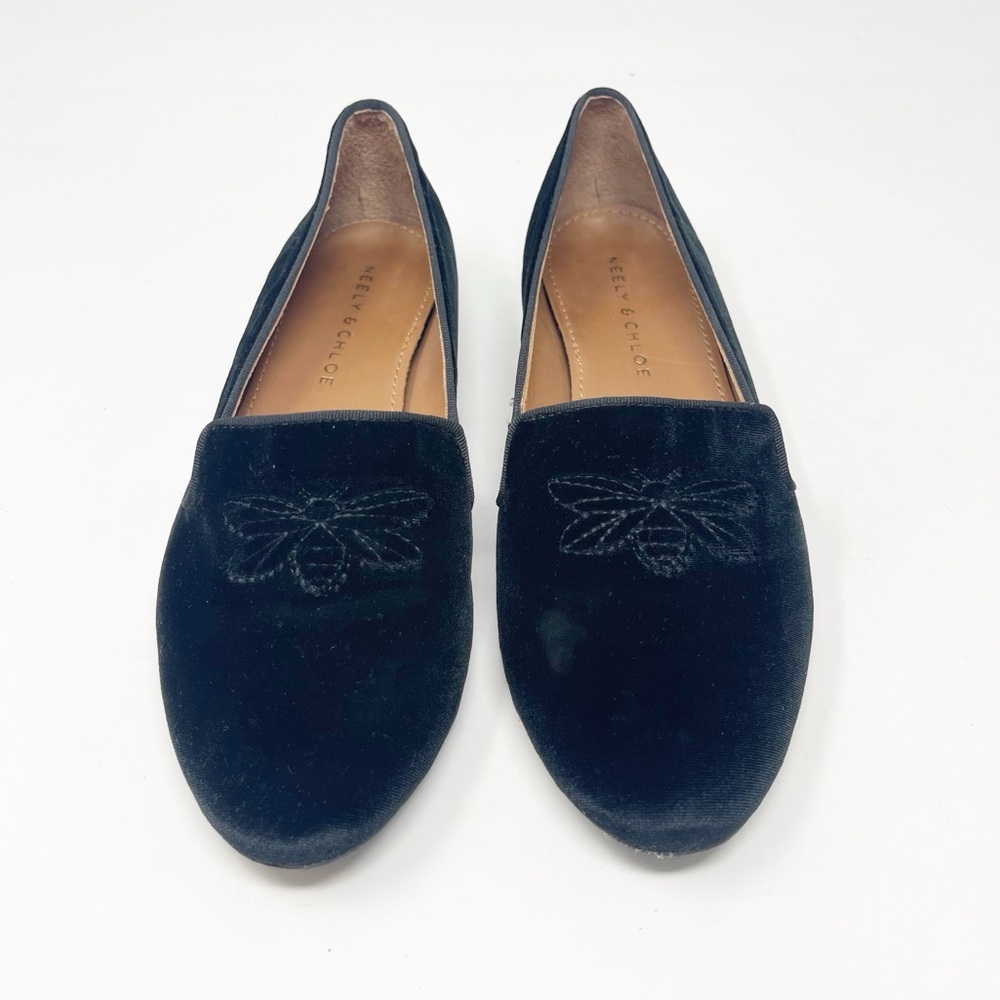 Neely & Chloe Velvet Bee Embossed Smoking Loafer Flats 8 Black